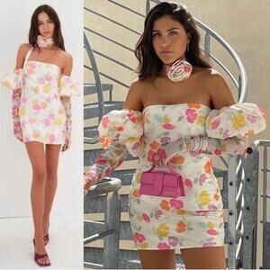 For Love & Lemons Hazel Puff Sleeve Off the Shoulder Floral Mini Dress Size M